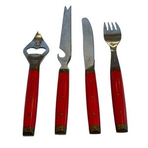 Vtg Melron Flatware Bistro Pattern Red Brass Bottle Opener Fork Knife‎ Stainless